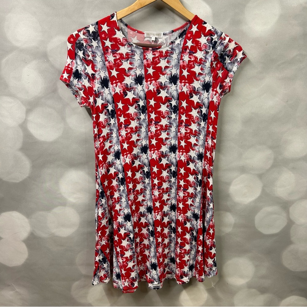 Riley & James patriotic red white and blue star dress. Vertical slimming stripes